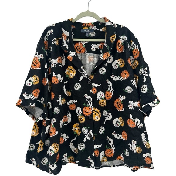 Modcloth Halloween Button Up Linen Blouse Pumpkins Ghosts Size 4X - Picture 1 of 5